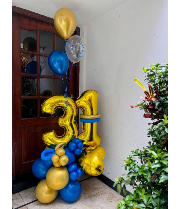 Blue and Gold Number Balloon Marquee and helium ba...