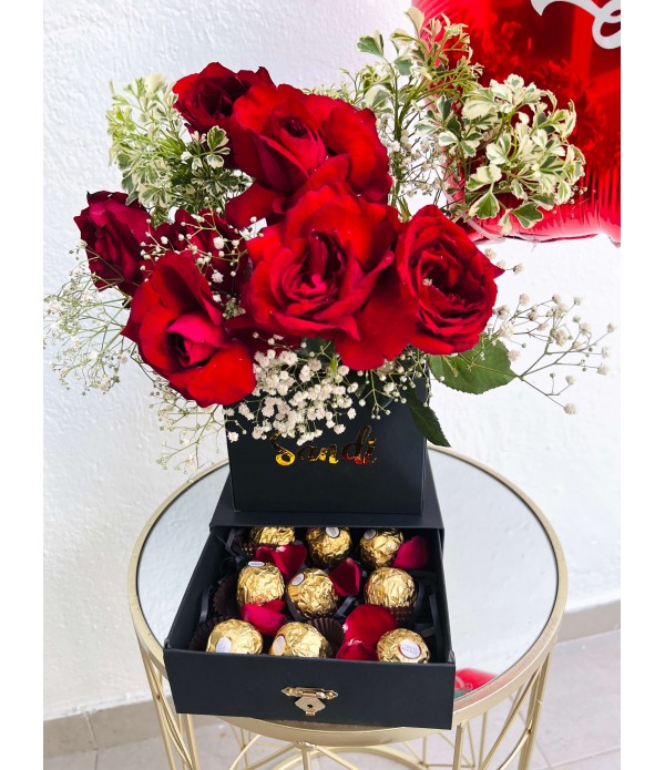 Happy Valentines Rose and Ferrero Drawer Box 