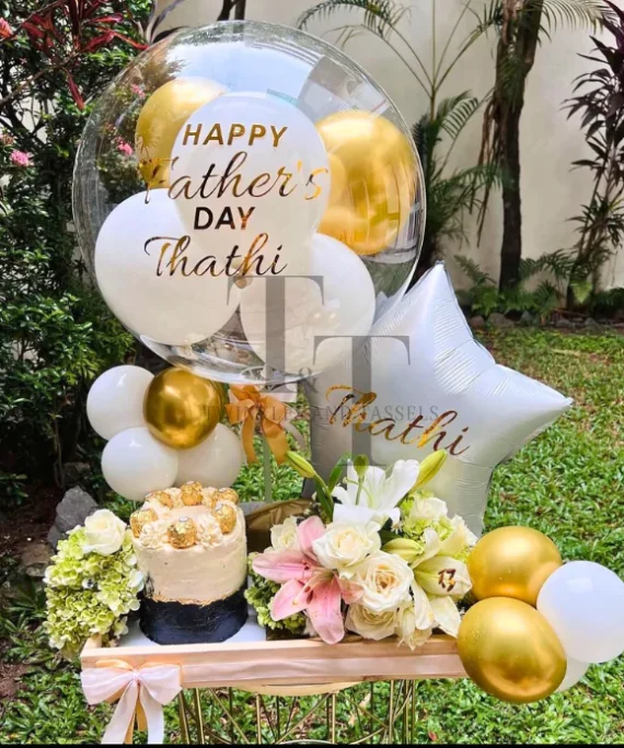 Balloon Delight floral cake tray - white and gold